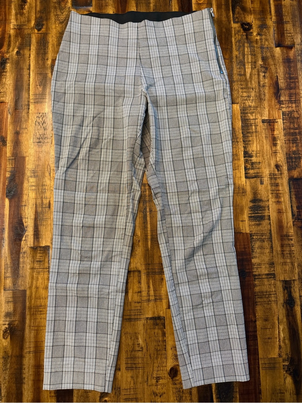 🍒 Black/white plaid Women's work wear stretch waistband zip up straight pant